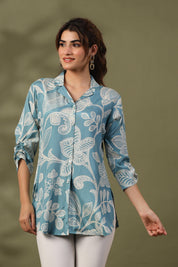 Light Blue Floral Print  Russian Silk Tunic