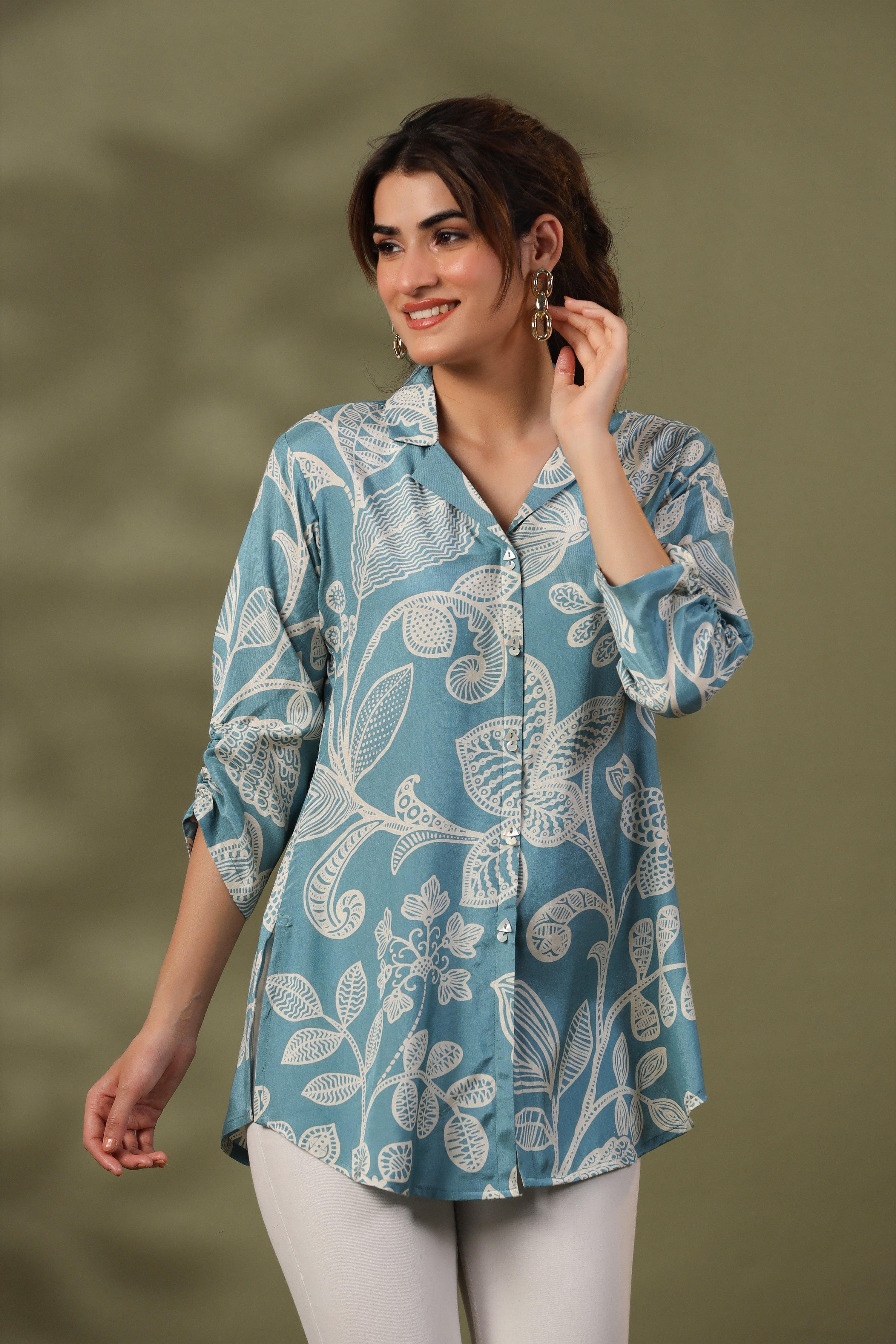 Light Blue Floral Print  Russian Silk Tunic