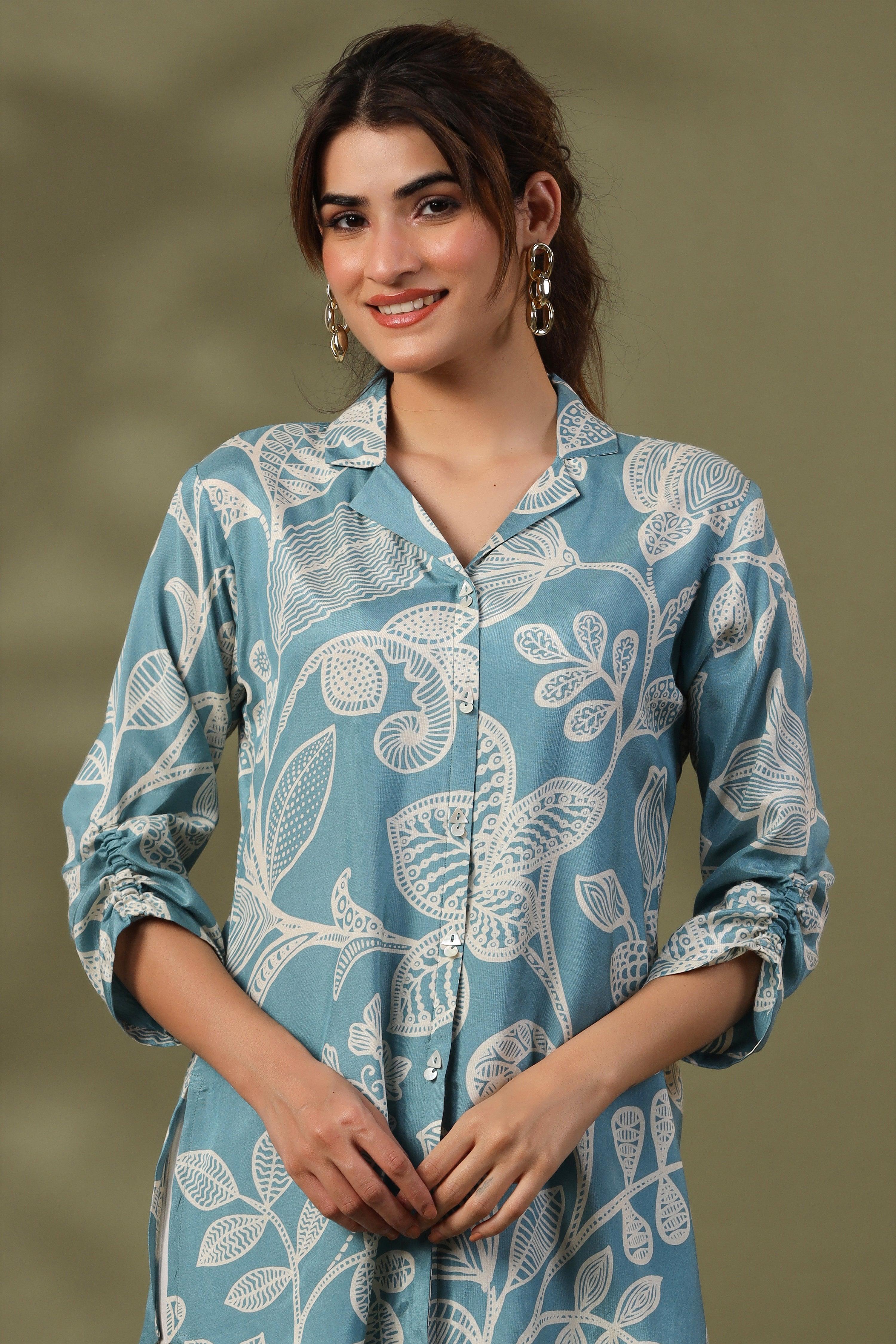 Light Blue Floral Print  Russian Silk Tunic