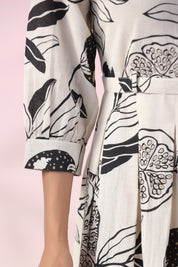 Black and White Cotton Flex Floral  Printed Midi Dress