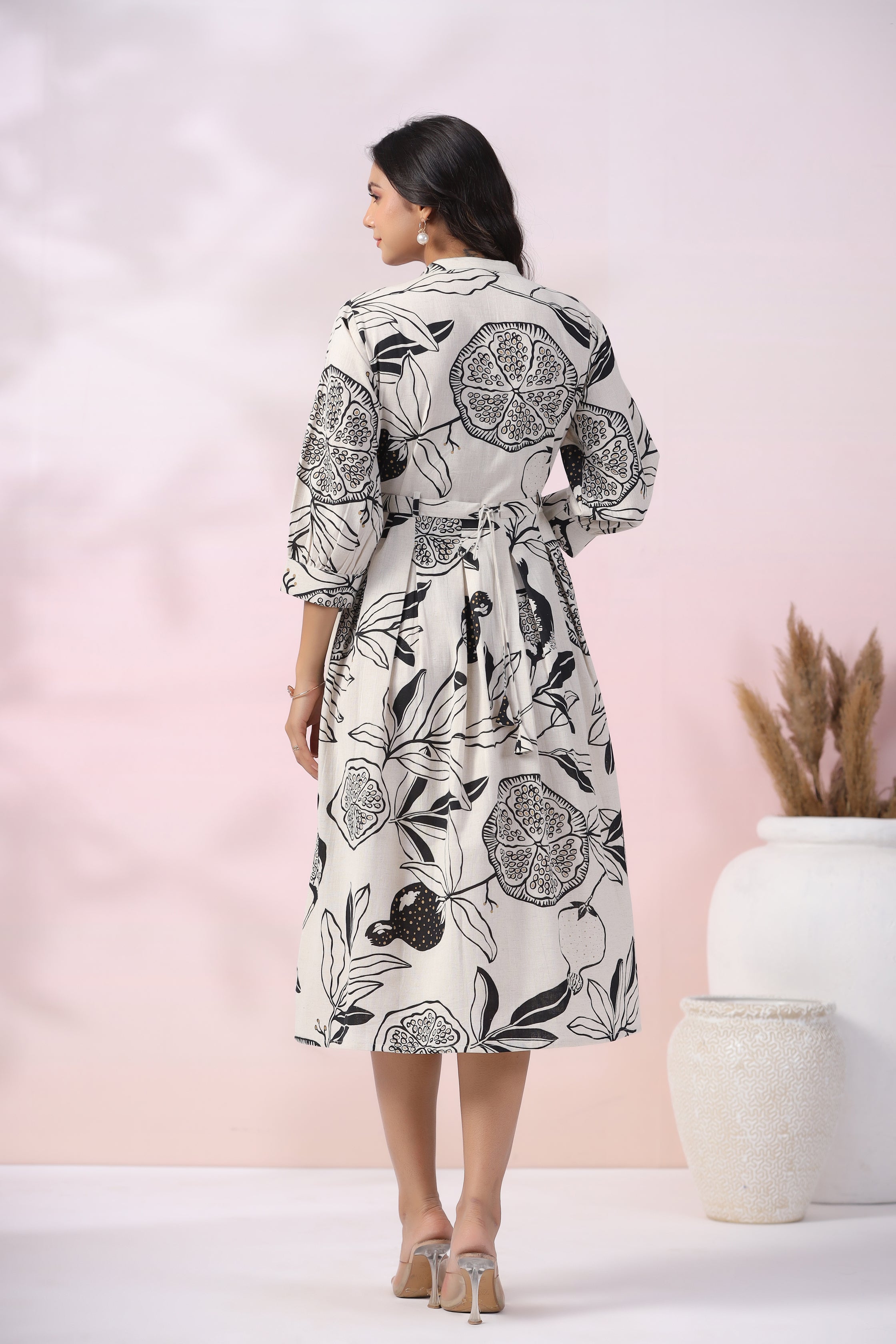 Black and White Cotton Flex Floral  Printed Midi Dress