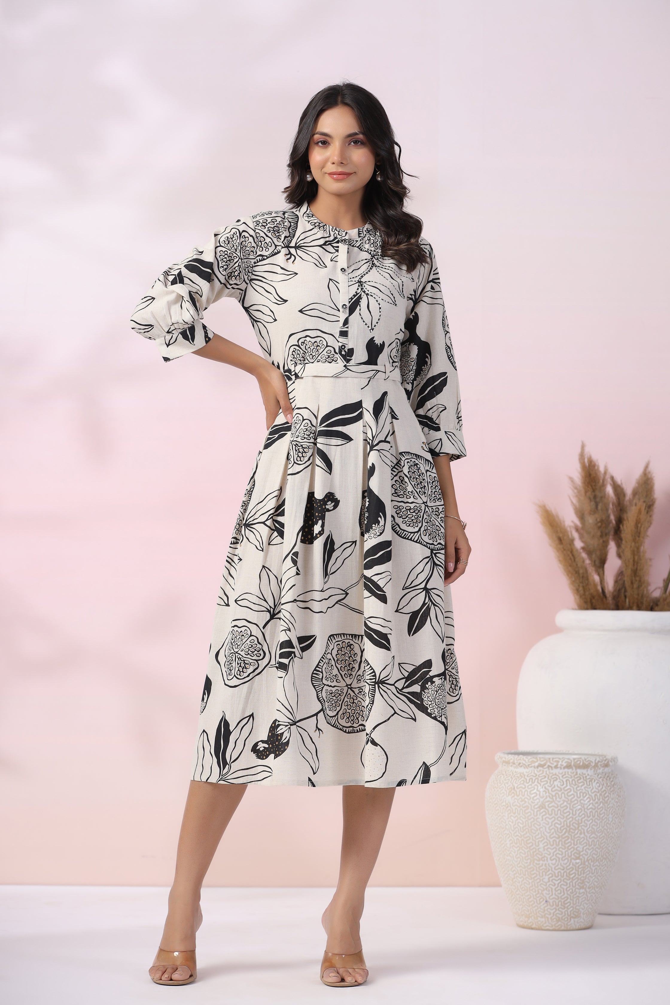 Black and White Cotton Flex Floral  Printed Midi Dress