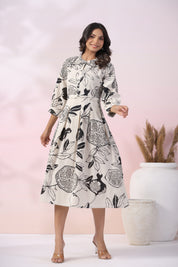 Black and White Cotton Flex Floral  Printed Midi Dress