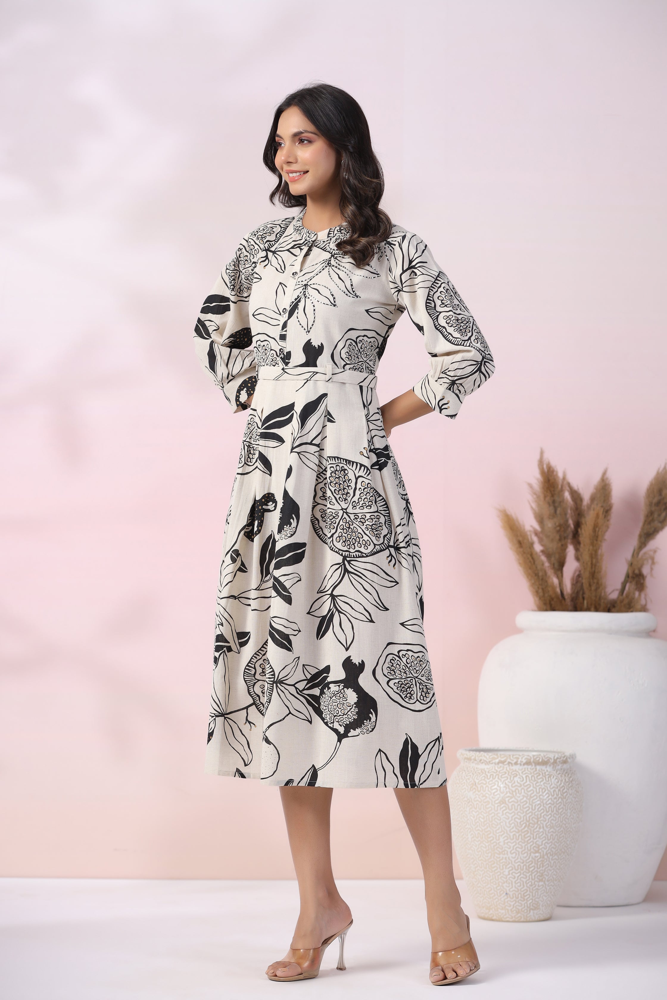 Black and White Cotton Flex Floral  Printed Midi Dress