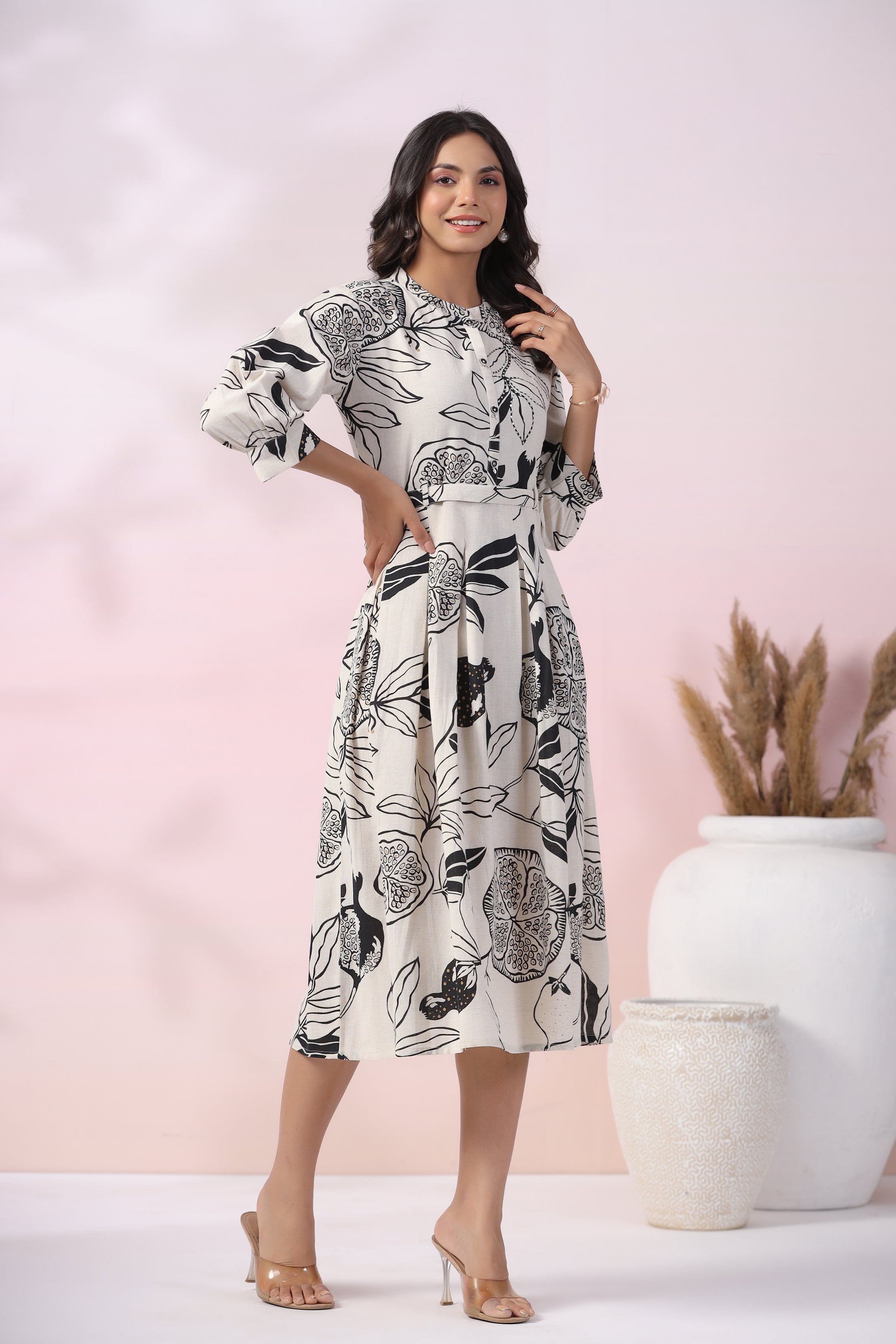 Black and White Cotton Flex Floral  Printed Midi Dress