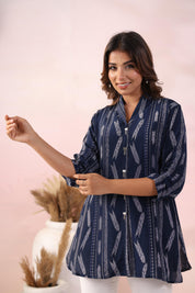 Navy Blue Ikat Printed Natural Crepe Kameez