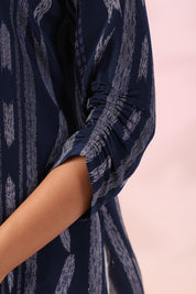 Navy Blue Ikat Printed Natural Crepe Kameez