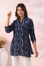 Navy Blue Ikat Printed Natural Crepe Kameez