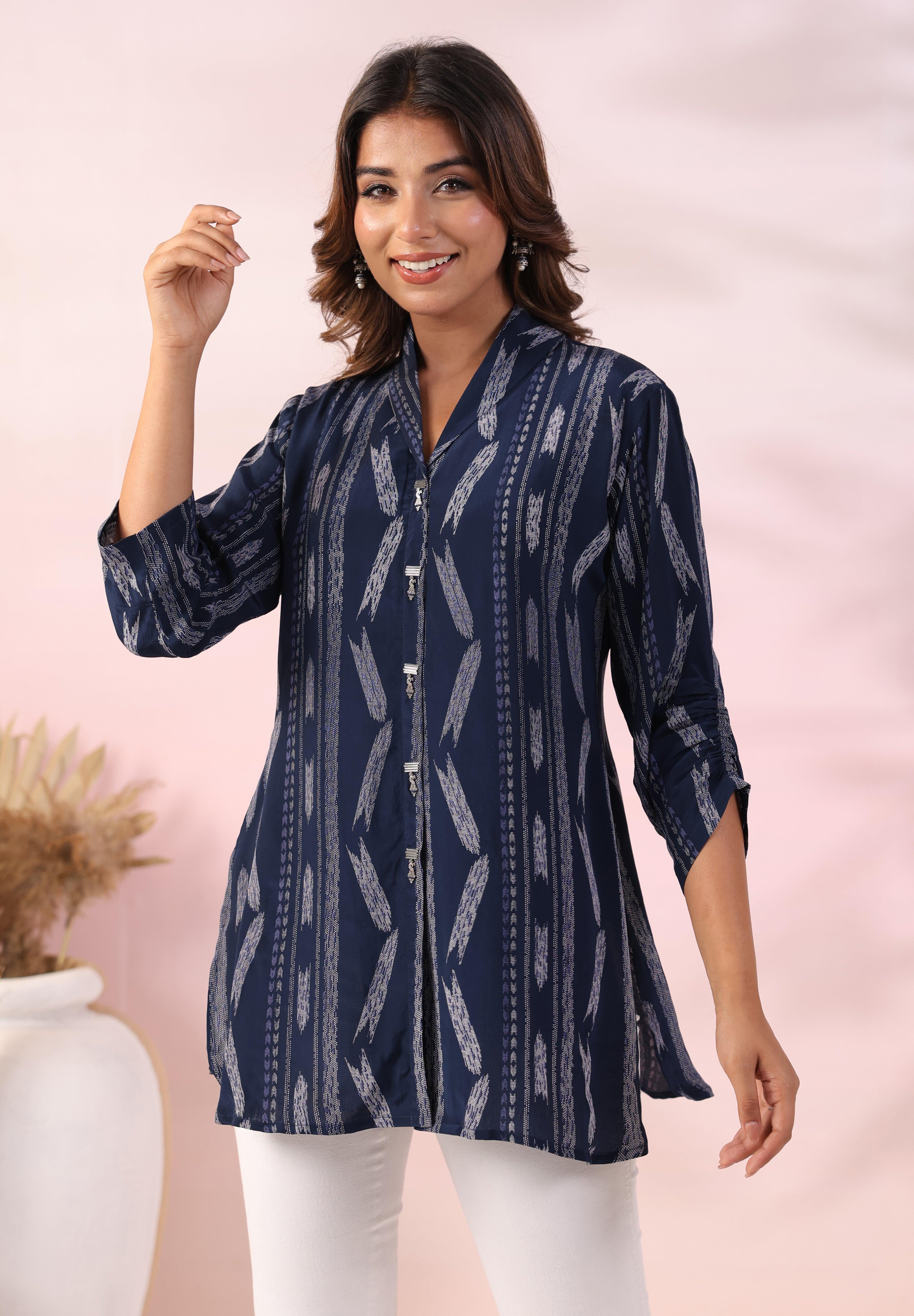 Navy Blue Ikat Printed Natural Crepe Kameez