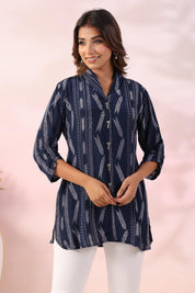 Navy Blue Ikat Printed Natural Crepe Kameez