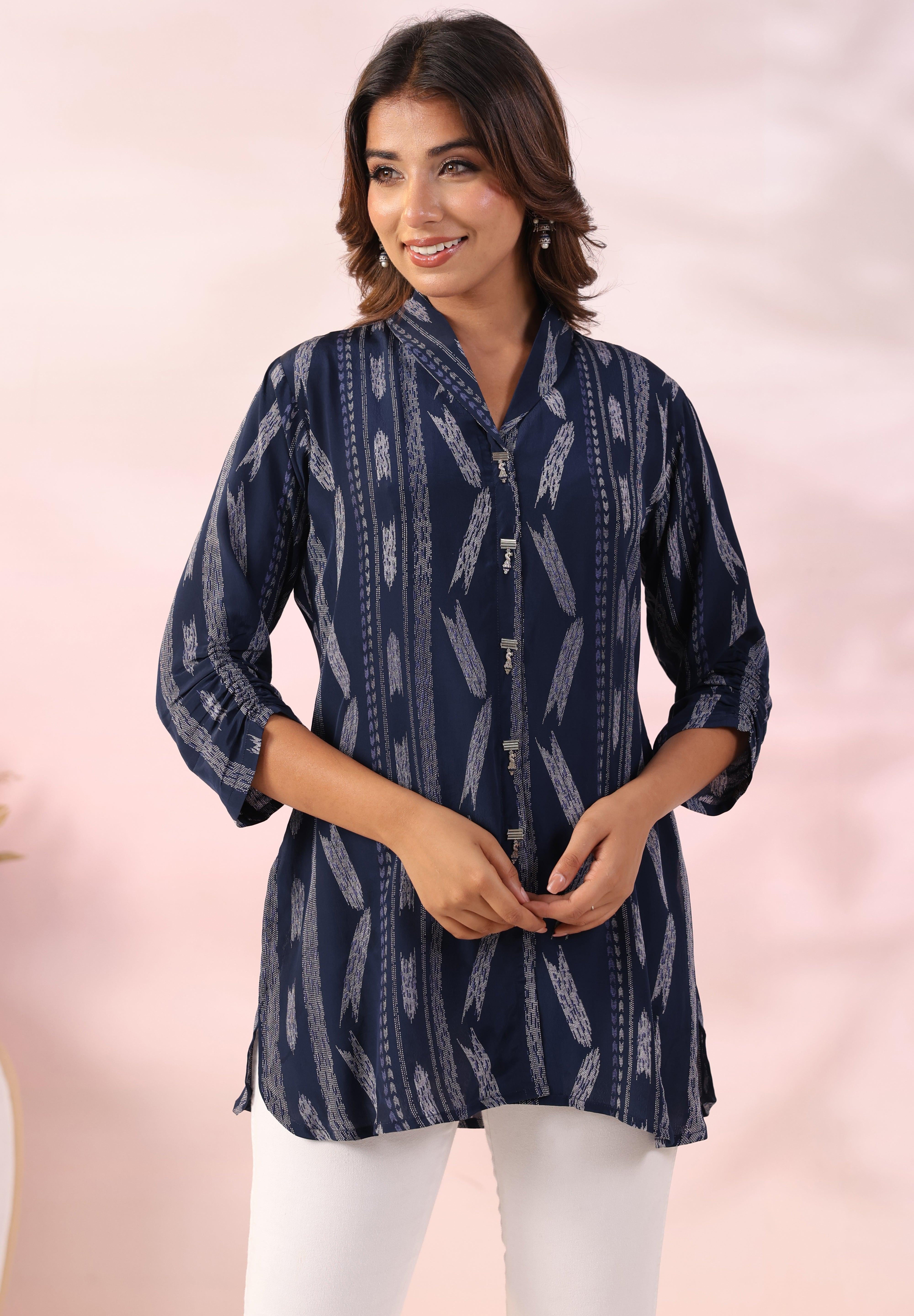 Navy Blue Ikat Printed Natural Crepe Kameez