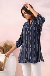 Navy Blue Ikat Printed Natural Crepe Kameez