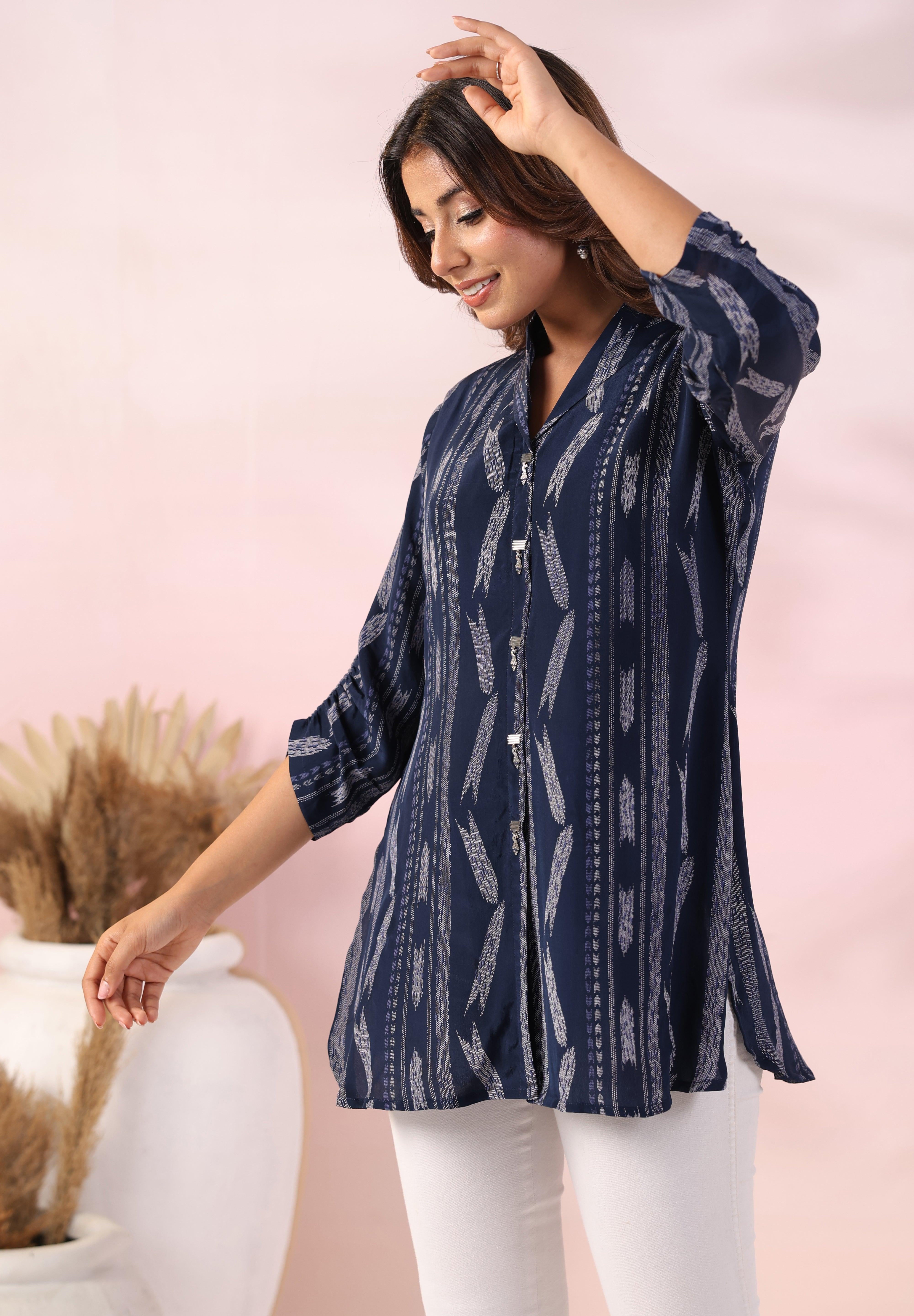 Navy Blue Ikat Printed Natural Crepe Kameez