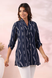 Navy Blue Ikat Printed Natural Crepe Kameez