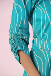 Blue Muslin Abstract Print Mini Dress With Belt