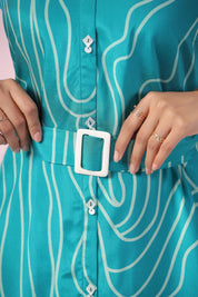 Blue Muslin Abstract Print Mini Dress With Belt