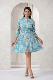 Turquoise Blue Russian Silk Floral Print Mini Dress With Belt