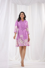 Purple Russian Silk Floral Print Mini Dress With Belt