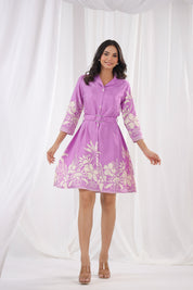 Purple Russian Silk Floral Print Mini Dress With Belt