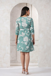 Aqua Green  Russian Silk Floral Print Mini Dress With Belt