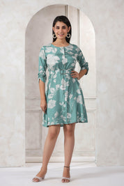 Aqua Green  Russian Silk Floral Print Mini Dress With Belt