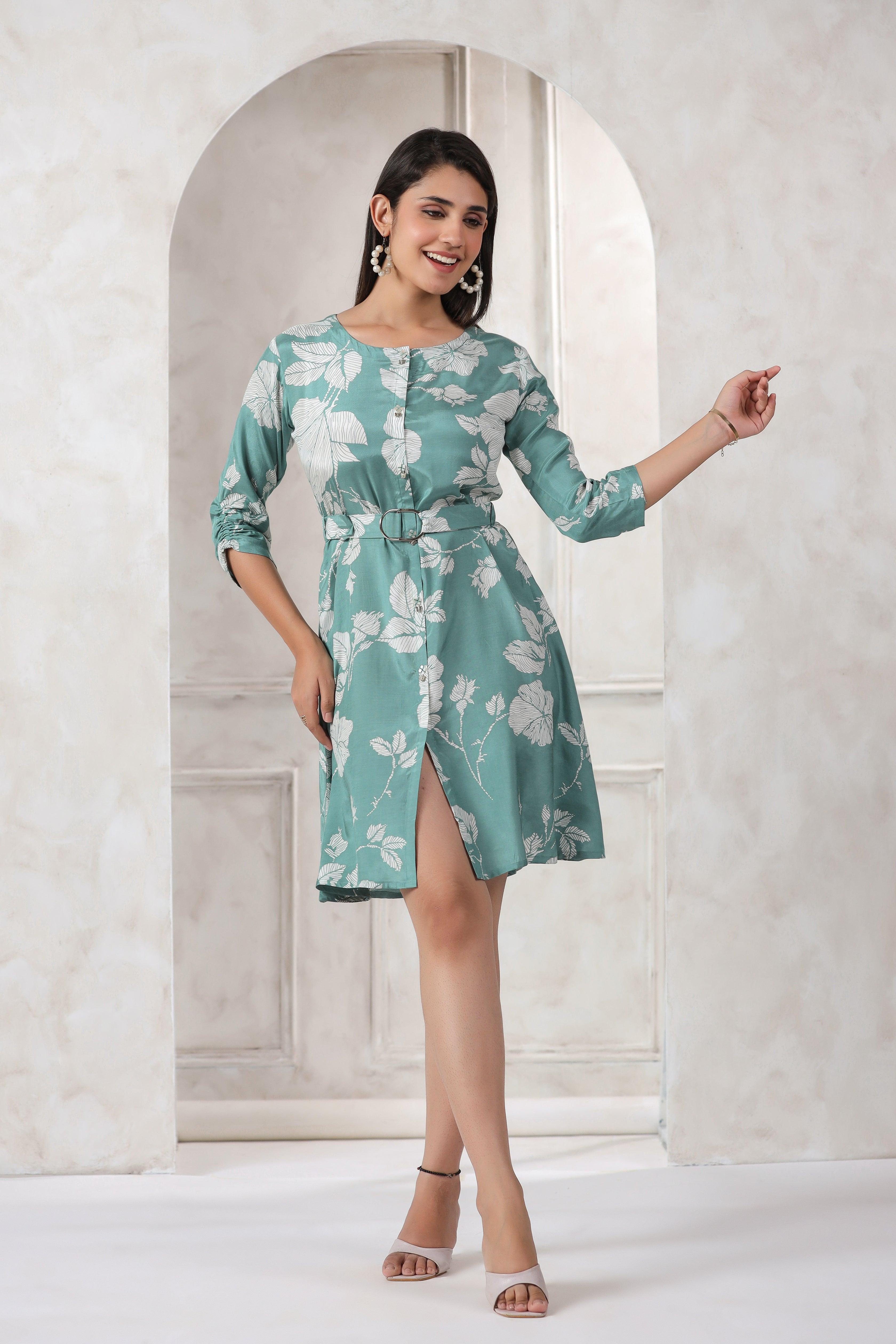 Aqua Green  Russian Silk Floral Print Mini Dress With Belt