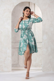 Aqua Green  Russian Silk Floral Print Mini Dress With Belt