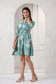 Aqua Green  Russian Silk Floral Print Mini Dress With Belt