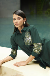 Kaftanize Kiaa-Bottle Green Embroidered  Viscose Shirt With Pant