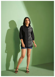 Black Cotton Poplin Shirt with Cord Embroidery