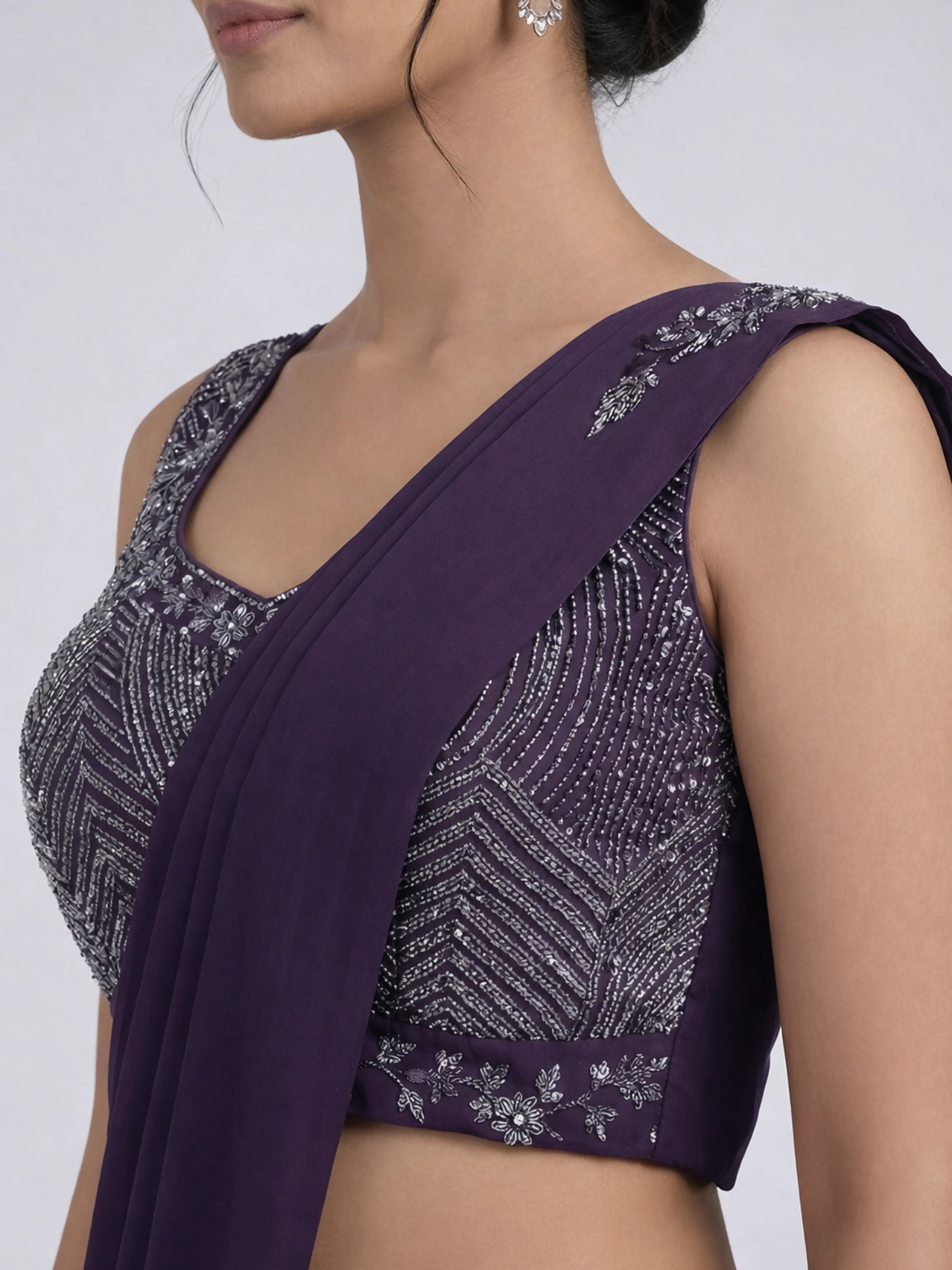 Deep Purple Beaded Chinon Pre Draped Saree Set with Tassel Tie-Back