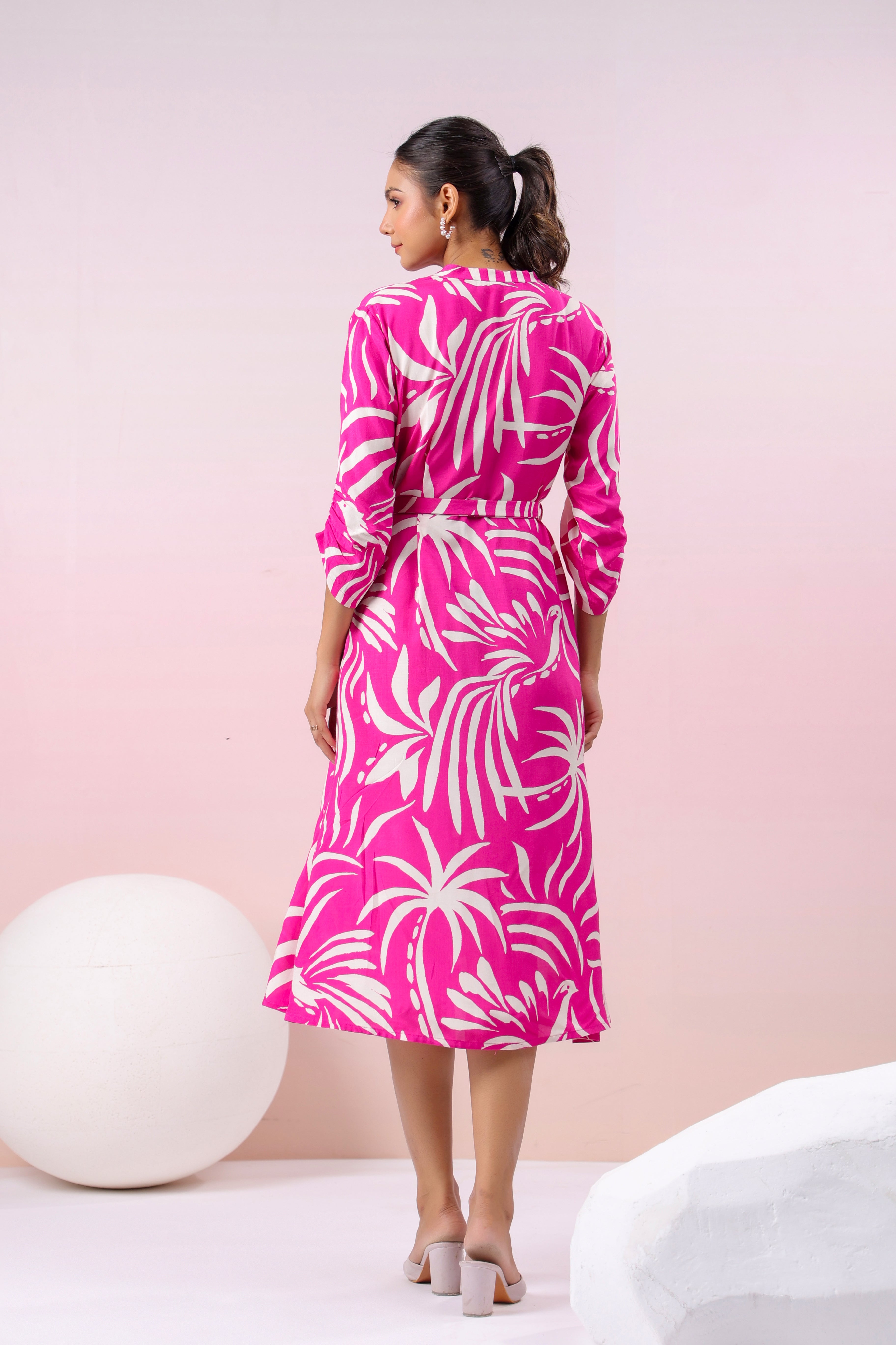 Hot Pink Russian Silk Floral  Printed Midi Dress