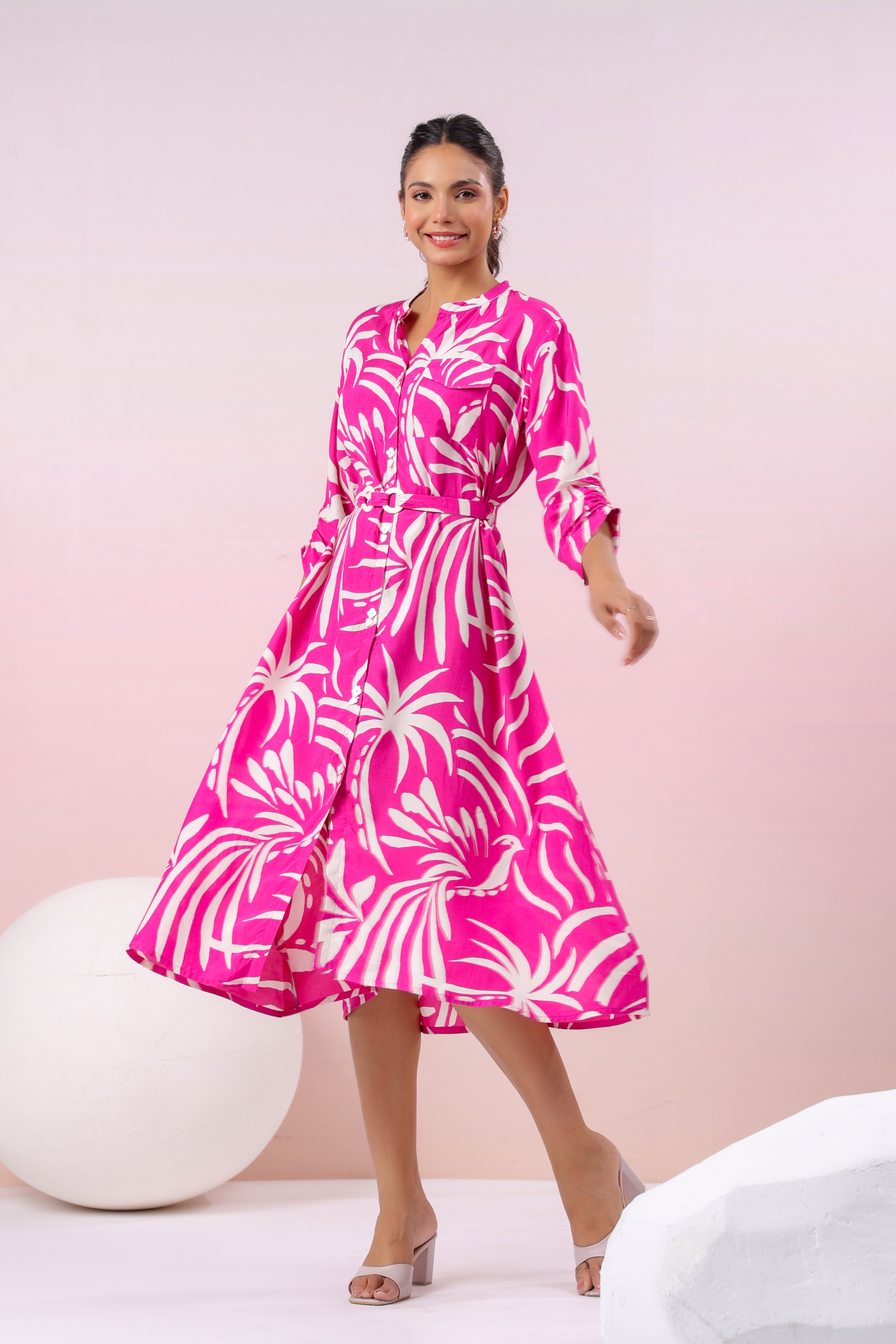 Hot Pink Russian Silk Floral  Printed Midi Dress