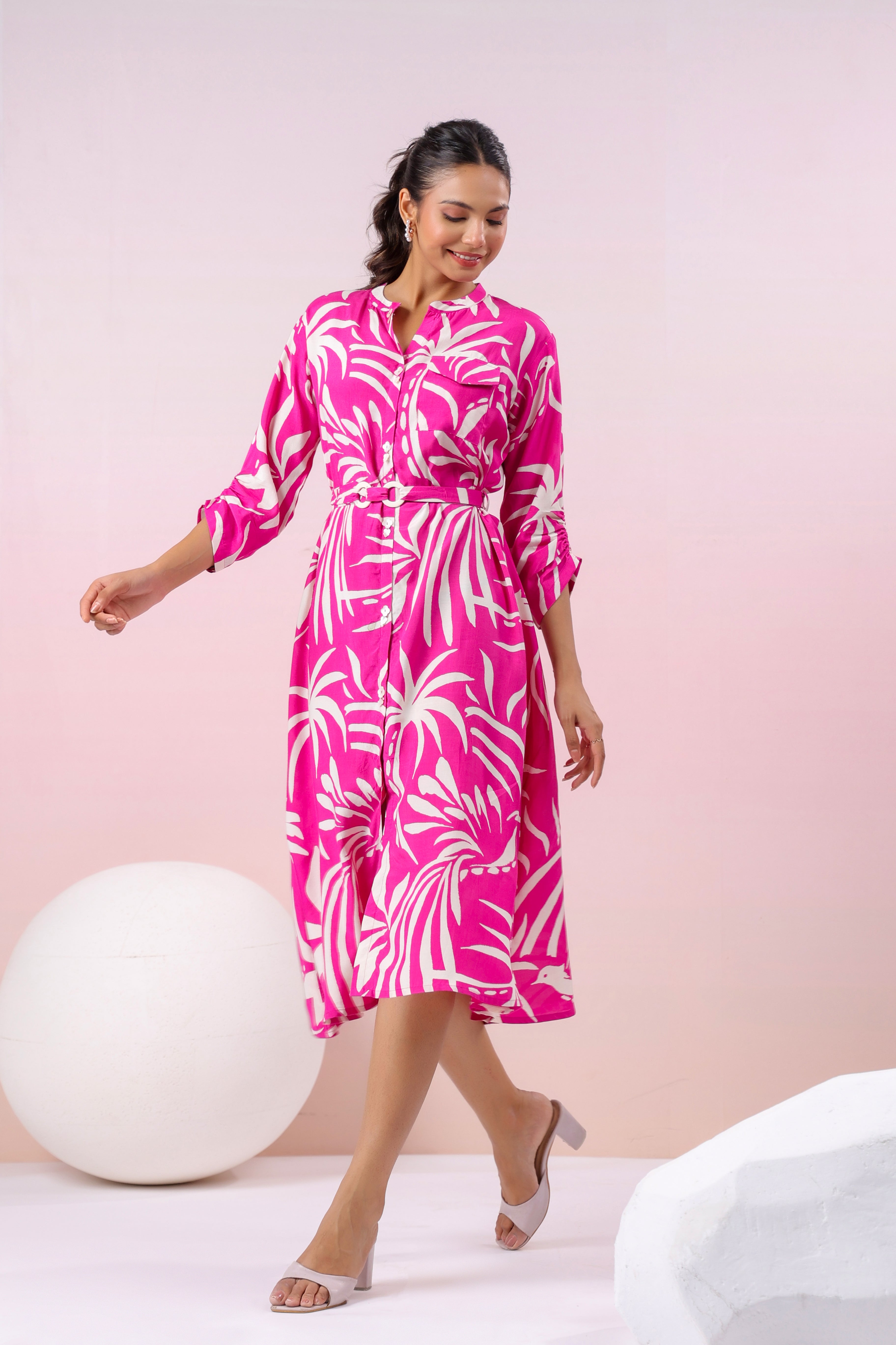 Hot Pink Russian Silk Floral  Printed Midi Dress