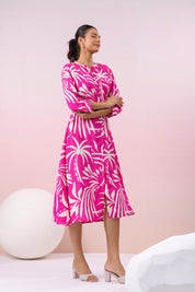 Hot Pink Russian Silk Floral  Printed Midi Dress