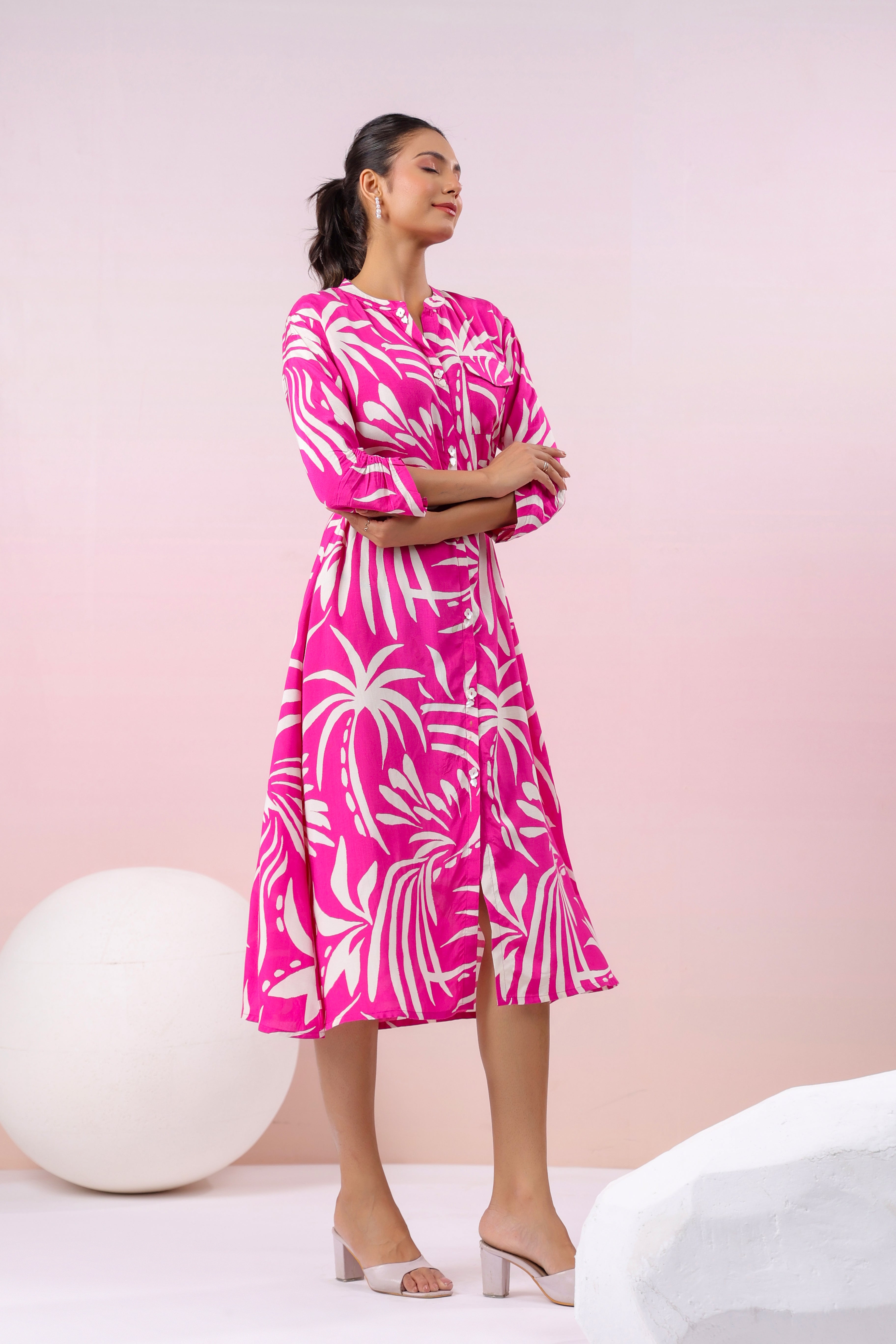 Hot Pink Russian Silk Floral  Printed Midi Dress