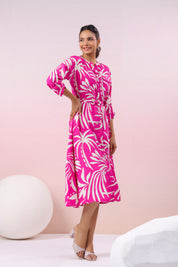 Hot Pink Russian Silk Floral  Printed Midi Dress