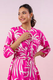 Hot Pink Russian Silk Floral  Printed Midi Dress