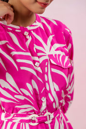 Hot Pink Russian Silk Floral  Printed Midi Dress