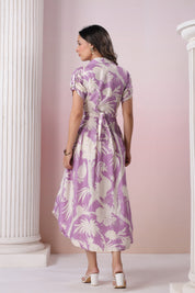 Purple Base With Cream Color Bold Flower Motif  Midi Dress