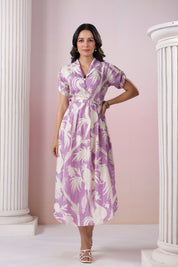 Purple Base With Cream Color Bold Flower Motif  Midi Dress