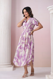 Purple Base With Cream Color Bold Flower Motif  Midi Dress