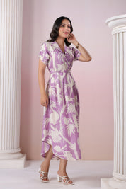 Purple Base With Cream Color Bold Flower Motif  Midi Dress