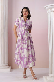 Purple Base With Cream Color Bold Flower Motif  Midi Dress