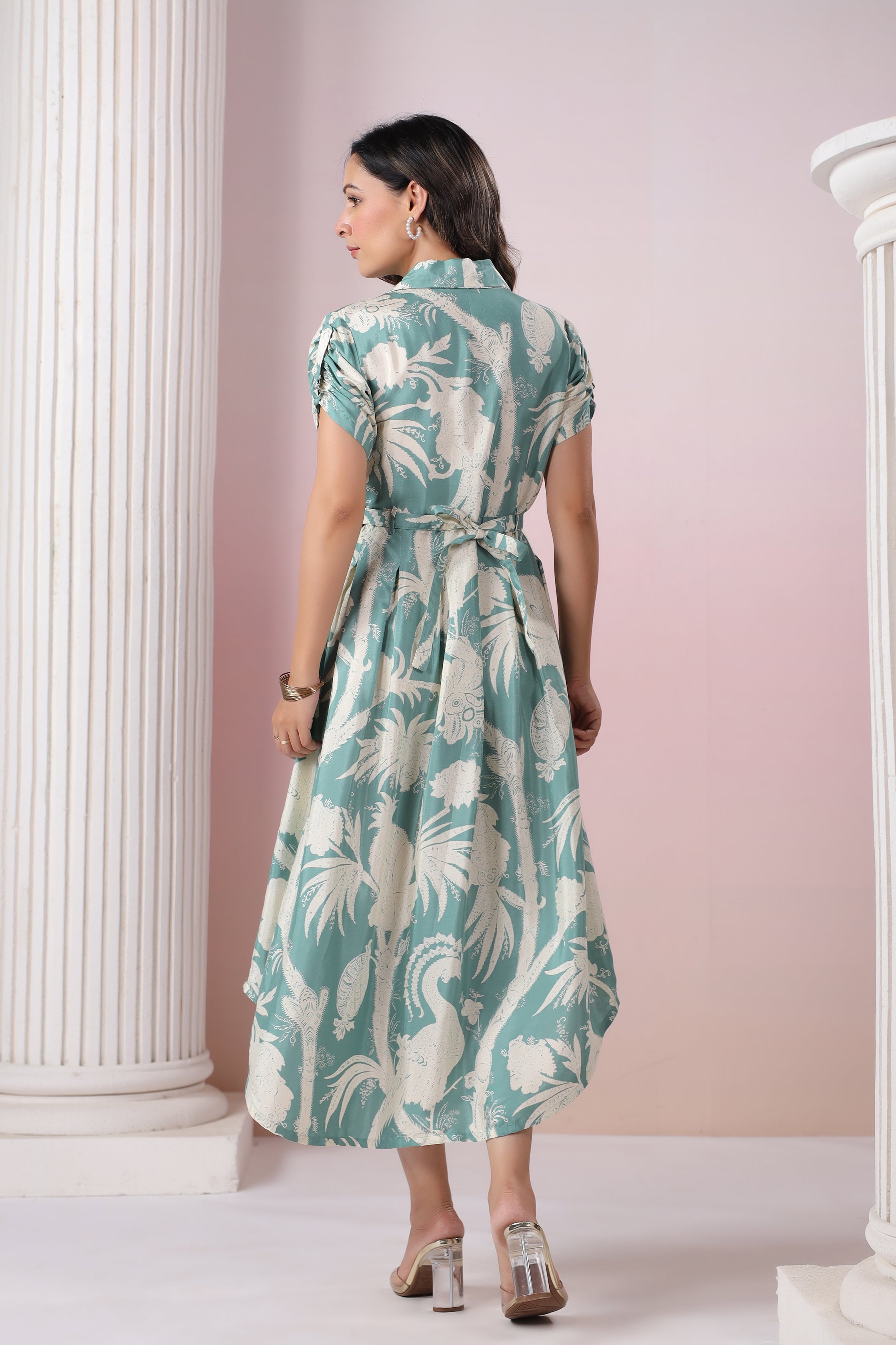 Pista Seafoam Base Cream Russian Silk Floral  Printed Midi Dress