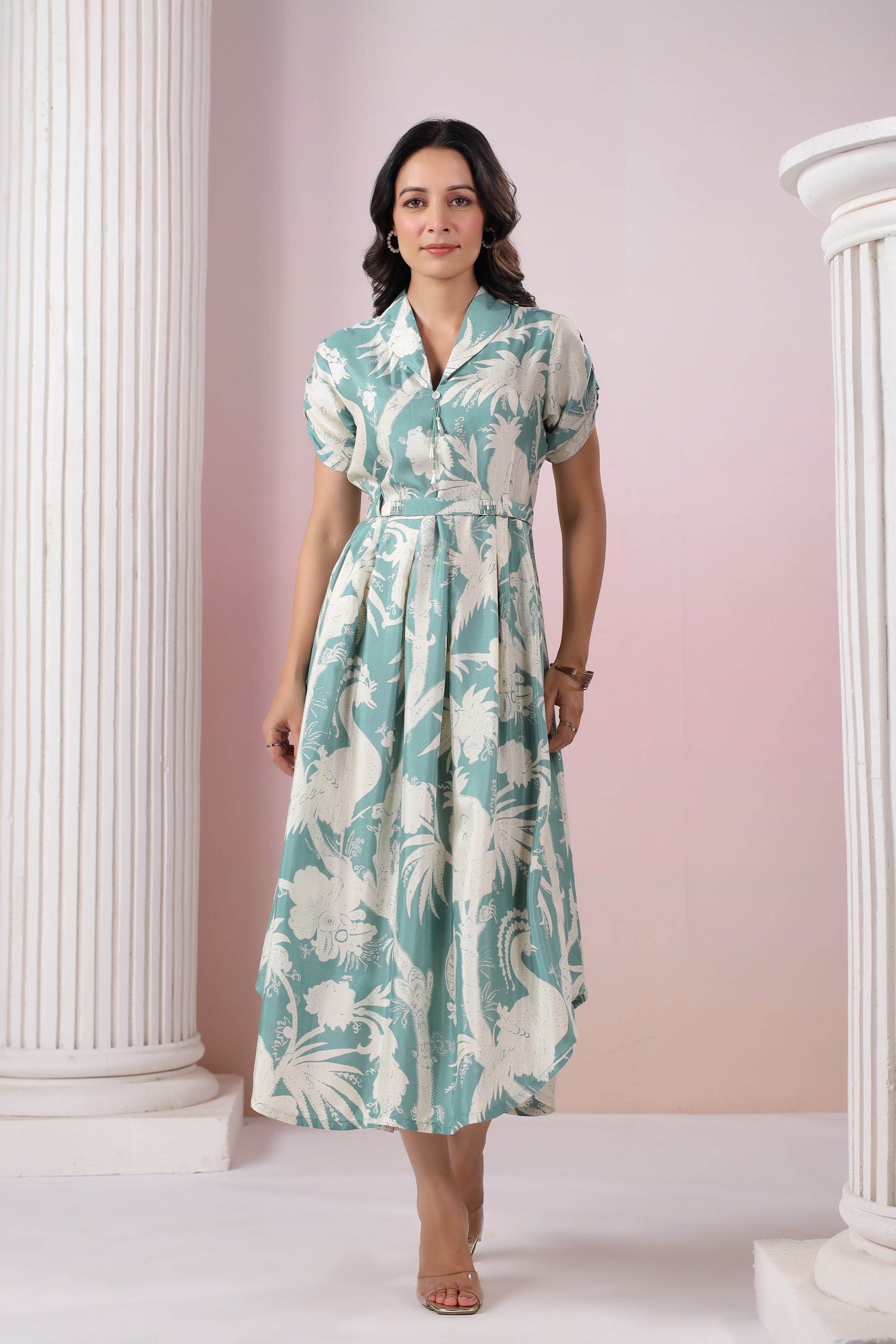 Pista Seafoam Base Cream Russian Silk Floral  Printed Midi Dress