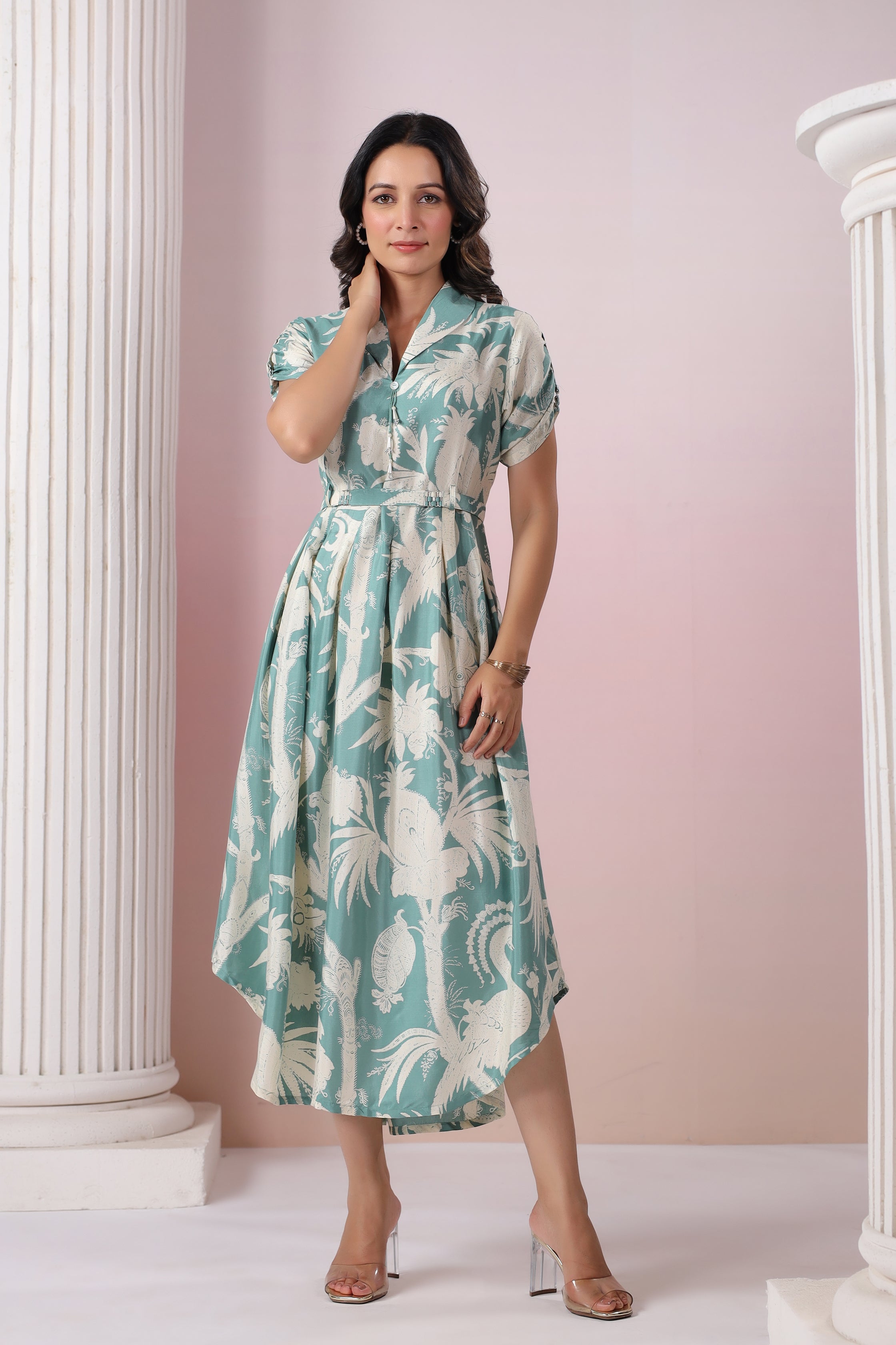 Pista Seafoam Base Cream Russian Silk Floral  Printed Midi Dress