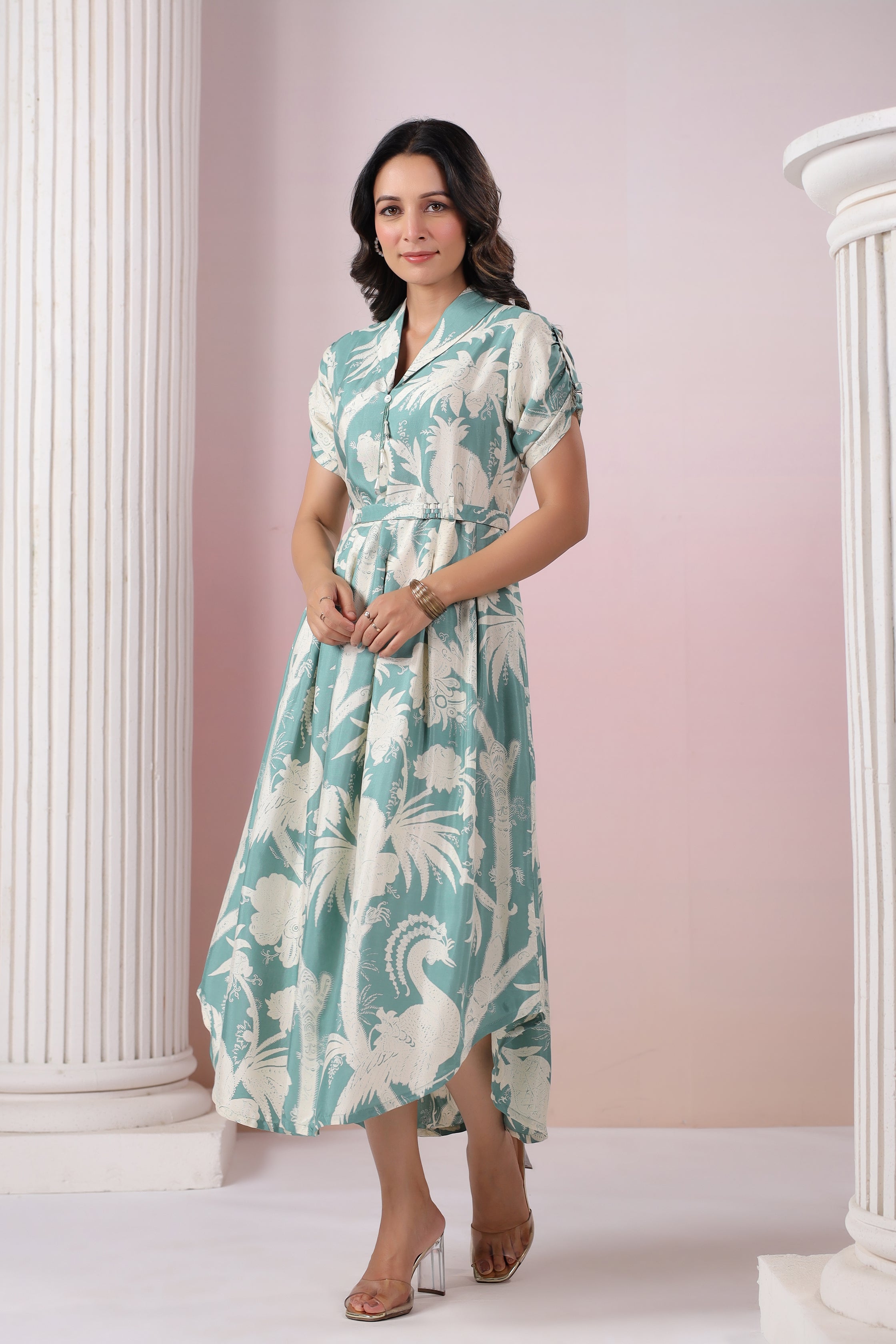 Pista Seafoam Base Cream Russian Silk Floral  Printed Midi Dress