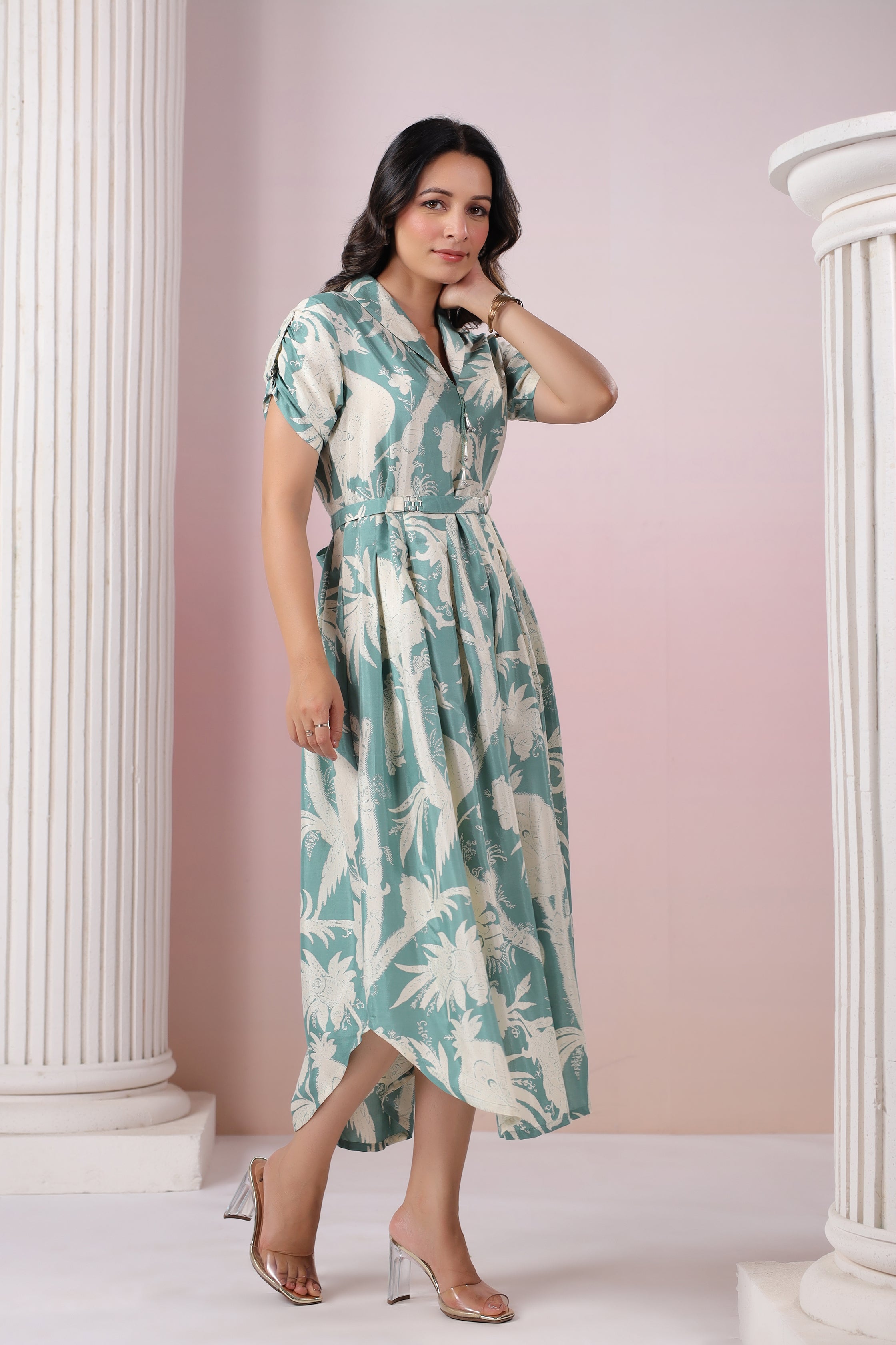 Pista Seafoam Base Cream Russian Silk Floral  Printed Midi Dress