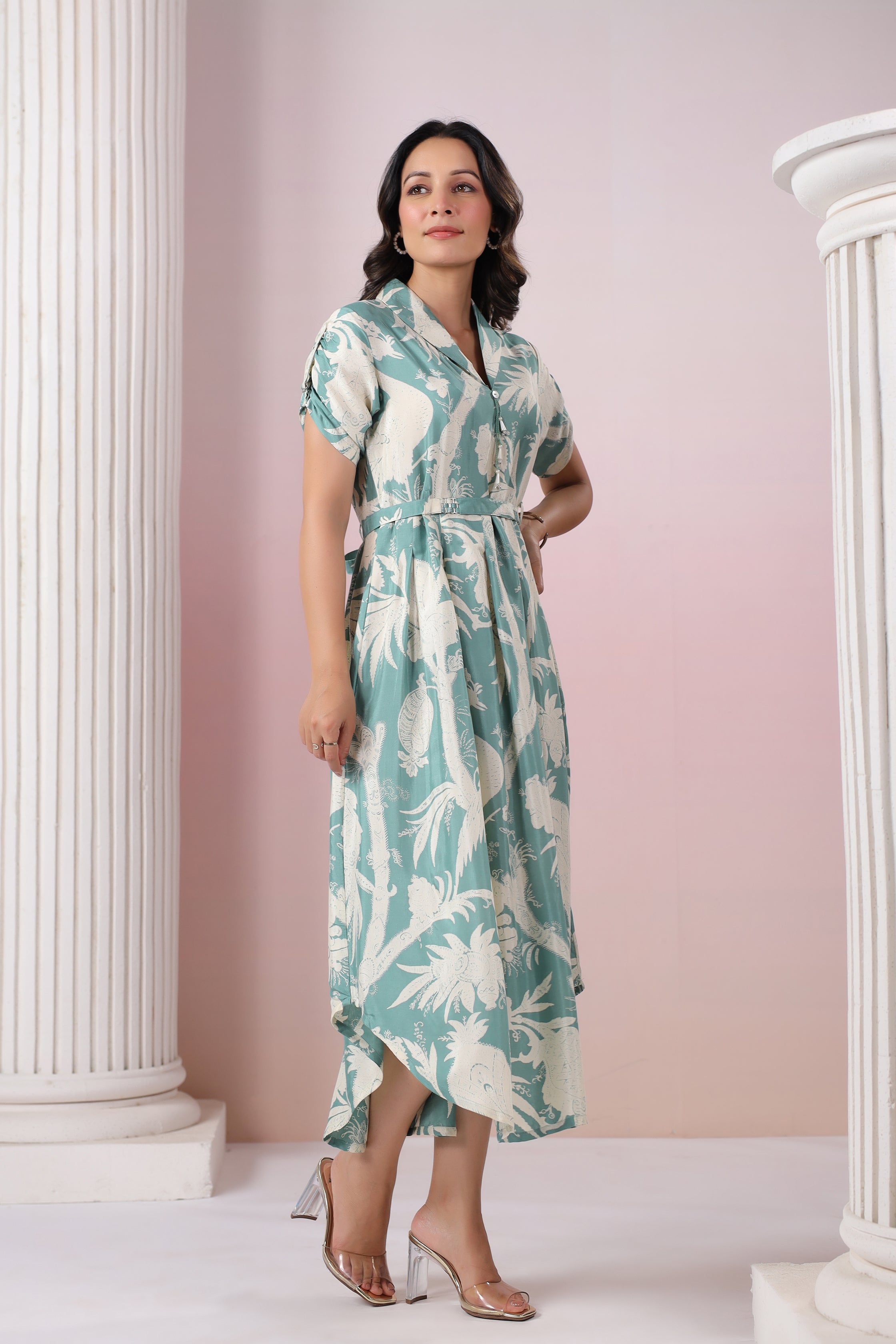 Pista Seafoam Base Cream Russian Silk Floral  Printed Midi Dress